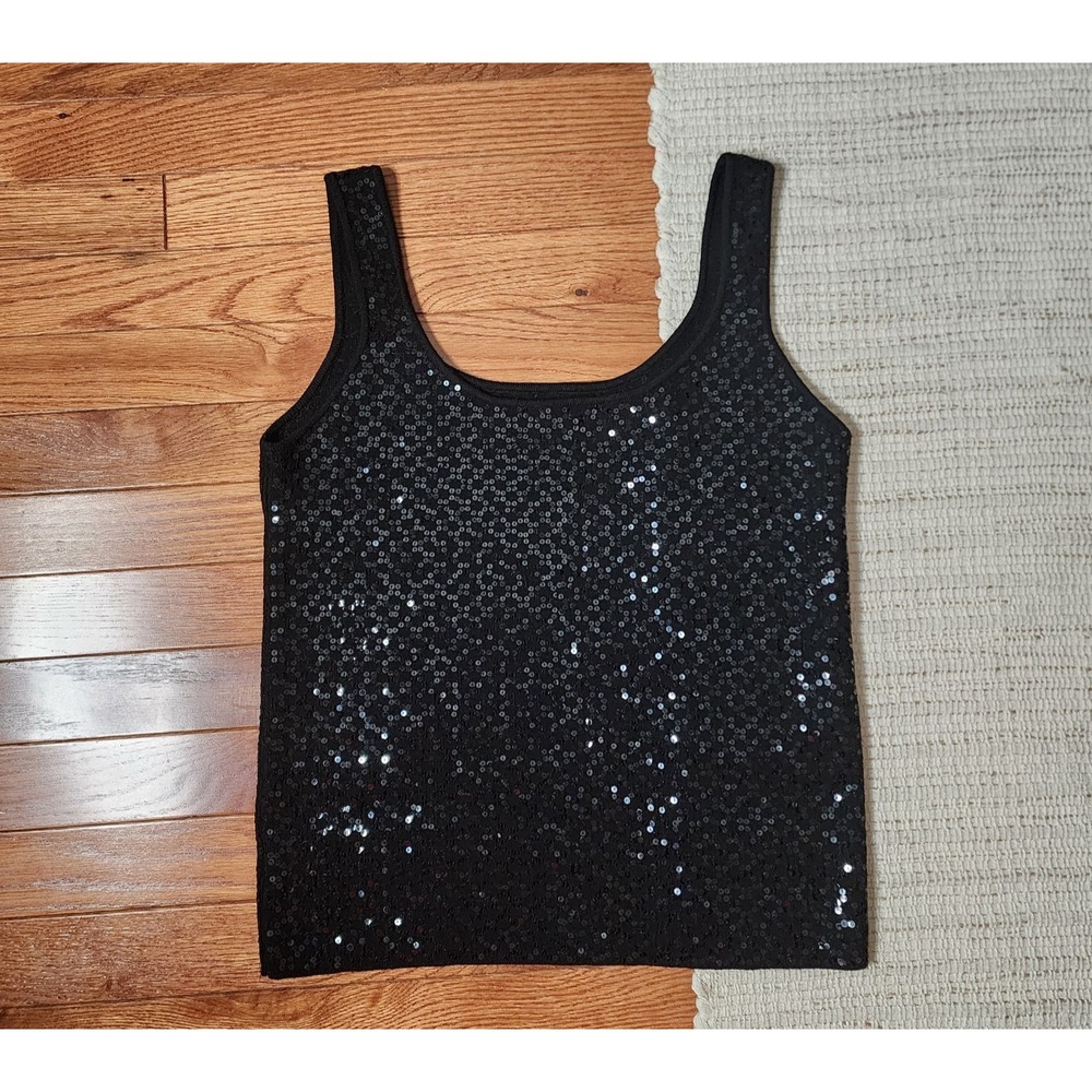 Linda Allard Ellen Tracy Black Sequined Tank Top‎ Wool Blend Sleeveless M